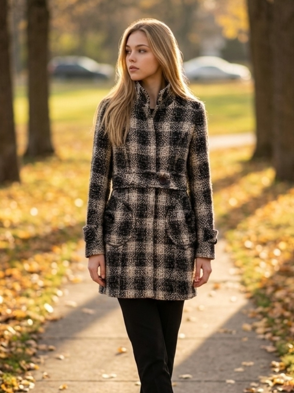 Textured Plaid Button-Front Coat in Black & White
